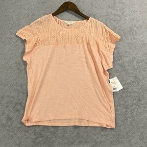 NEW Lucky Brand Womens M Schiffly Embroidered  Coral Almond Short Sleeve Top